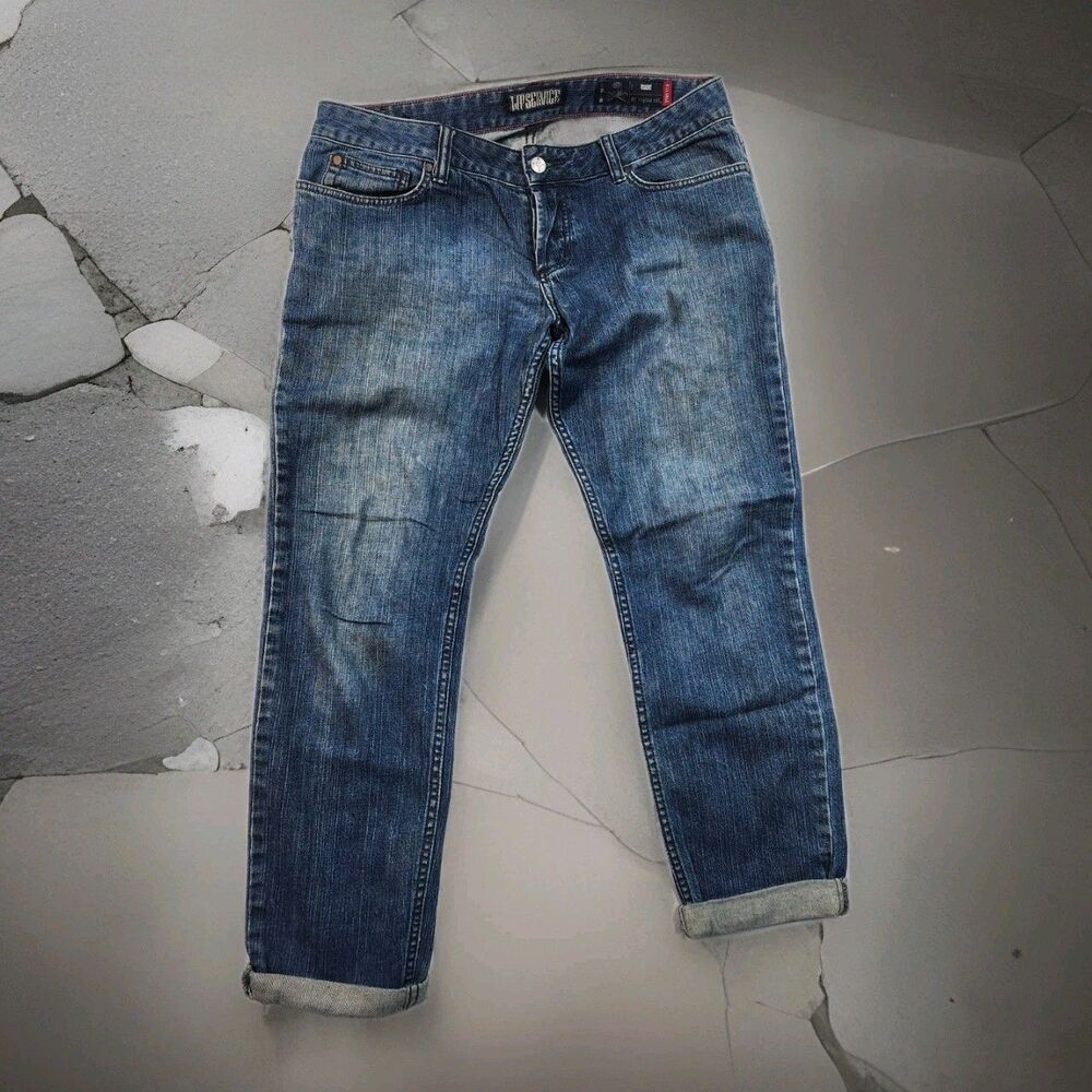 Rare Lip Service Denim Jeans Rude sz 33/30 Skull button fly goth stretch